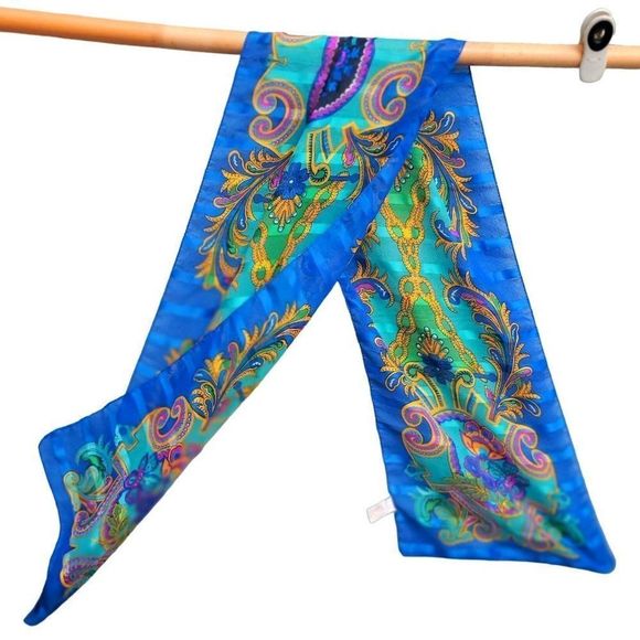 80s Colorful Berkshire Scarf Blue Polyester Rectangle Made in Italy 11 x 54 - Picture 3 of 10